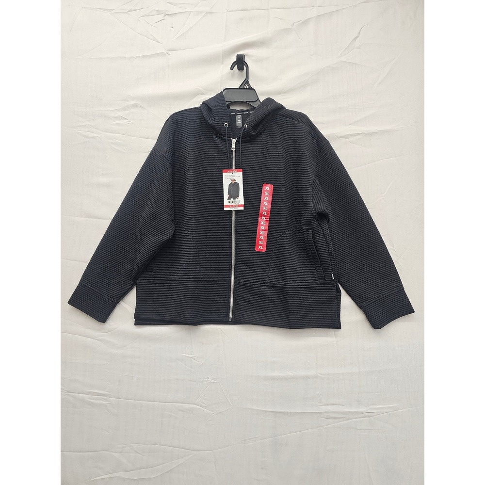 DKNY Sport Ottoman Full Zip Hoodie Black Textured Ribbed Sweatshirt DPMJ9667 XL